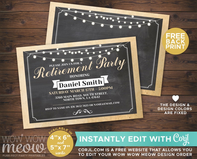 May include: A printable retirement party invitation with a chalkboard background and string lights. The invitation is for Daniel Smith and includes the date, time, and location of the party. The text "PLEASE JOIN US FOR A RETIREMENT PARTY" is written in a decorative font. The invitation is available in 4x6 and 5x7 inch sizes.