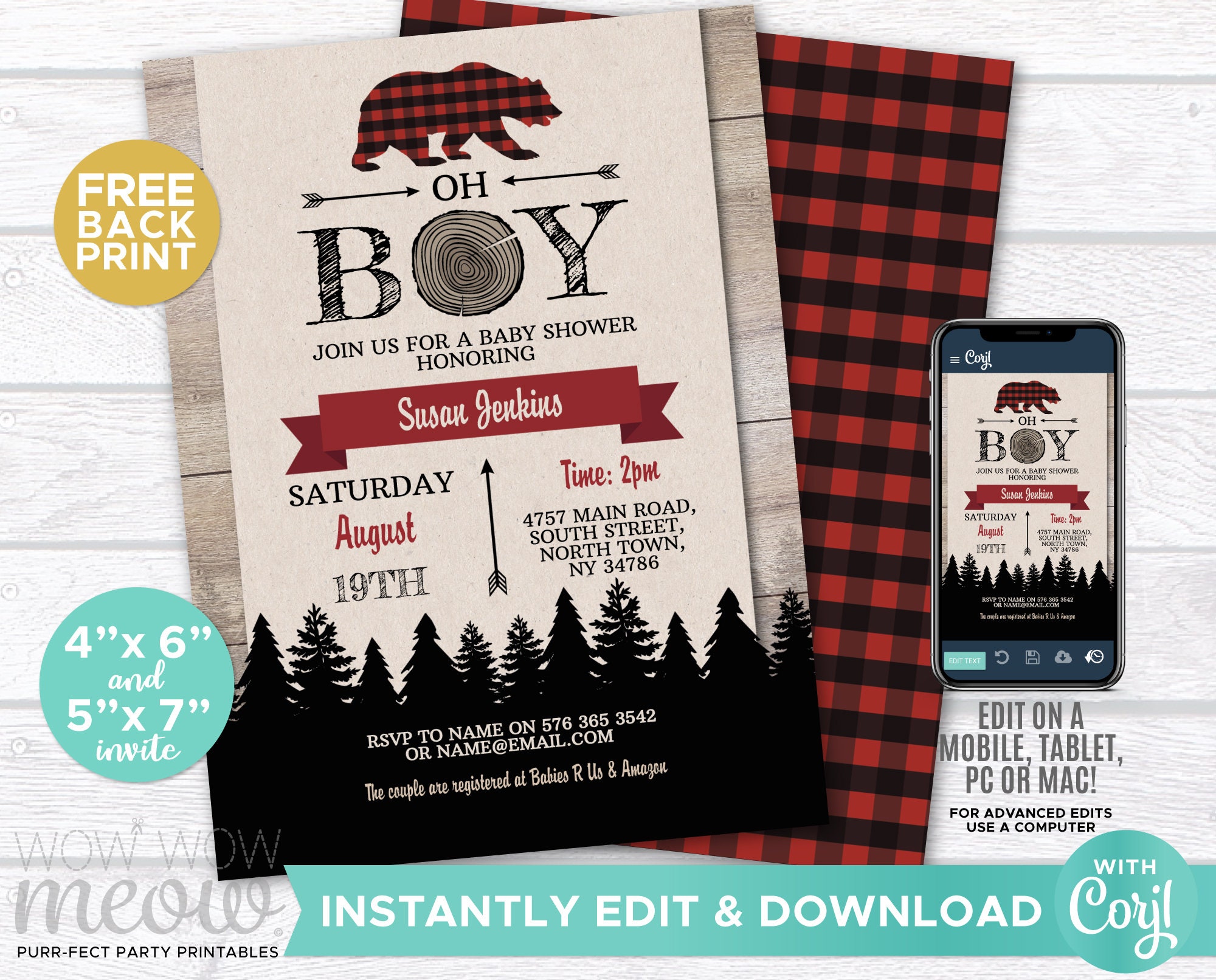 Lumberjack Baby Shower Invite Oh Boy Invitation Bear Flannel - Etsy