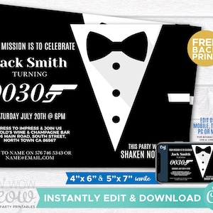Suit Birthday Party Invite INSTANT DOWNLOAD Secret Agent Detective Editable Bond Invitation Tuxedo Tuxedo Personalize Black Tie WCBA135
