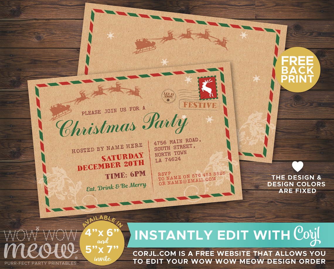 Christmas Party Invitations Postcard Ticket Xmas Holiday Etsy
