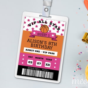 May include: A pink and orange basketball themed birthday party invitation. The invitation is shaped like a VIP pass with a basketball graphic and the text 