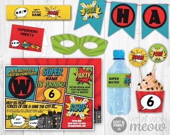 Superhero Package Birthday Party Invitations & Decorations Full Printable Collection INSTANT DOWNLOAD Super Hero Editable Text Personalize