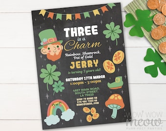 Three is a Charm St Patricks Day 3rd Birthday Invitation Three Invite 3 Party Gold Digital DOWNLOAD Green Horseshoe Personalize WCSTP007