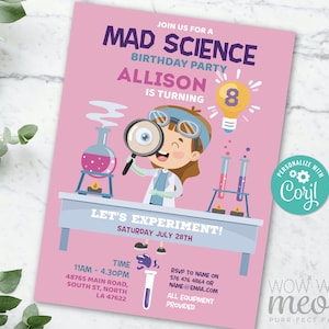 Science Invitations Mad Scientist Girls Pink Invites Chemistry Birthday Party DOWNLOAD Fun Personalize Customize Edit Printable WCBK461