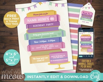 Books Birthday Party Pinks Invitation Library INSTANT DOWNLOAD Reading Books Invite Girls Page Personalize Customize Edit Printable WCBK198