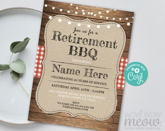 Retirement BBQ Invitation Retired Invite Rustic Garden Party Red Wood DOWNLOAD Printable Editable Womens Mens Lights Let&#39;s Celebrate WCRE002