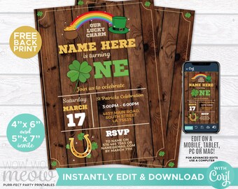 May include: A printable invitation for a first birthday party with a St. Patrick's Day theme. The invitation features a green shamrock, a rainbow, a pot of gold, and a leprechaun's hat. The text on the invitation reads "Our Lucky Charm Name Here is turning One".
