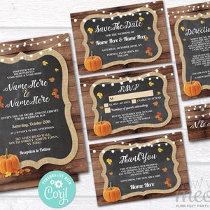 May include: A collection of wedding invitations with a rustic chalkboard design. The cards feature pumpkins and autumn leaves, with text including names, dates, and RSVP details. The background has a wood effect.