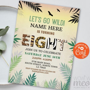 Eight Zoo Invitation 8th Birthday Jungle Invite Safari Wild INSTANT DOWNLOAD Print 8 Eighth Personalize Children Editable Printable WCBK203