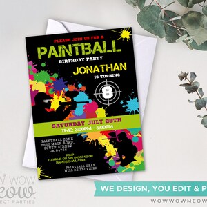 Paintball Invitations Birthday Party Invites Paint Ball Girls Boys Any Age Invite INSTANT DOWNLOAD Digital Tags Editable Printable WCBK022 image 3