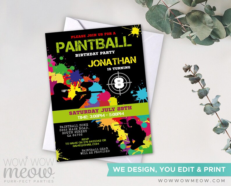 Paintball Invitations Birthday Party Invites Paint Ball Girls Boys Any Age Invite INSTANT DOWNLOAD Digital Tags Editable Printable WCBK022 image 3