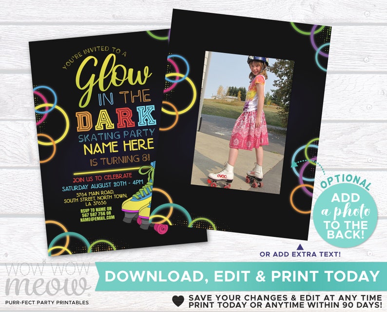 Glow in the Dark Skating Invitations Roller Skate Party Invite Etsy