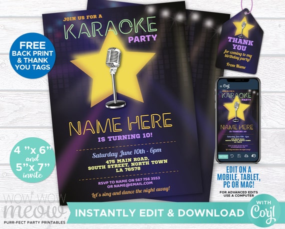 Karaoke Party Invitations Disco Girl'S Star Singing Birthday.