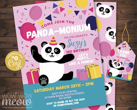 Panda Invitation Pink Birthday Party INSTANT DOWNLOAD Pandas Girls.