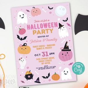 Halloween Kids Party Invitations Cute Costume Trick Treat Children&#39;s Party Invite Printable Pink DOWNLOAD Bats Pumpkin Personalized WCHA118