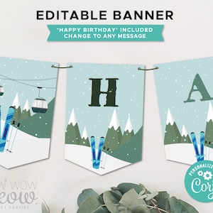 Op de afbeelding: Bewerkbare banner met een winterthema. De banner bevat de letters 'H' en 'A' met een skipiste en een skilift op de achtergrond. De tekst 'Happy Birthday' is inbegrepen en kan worden gewijzigd in een willekeurige boodschap. De banner is gepersonaliseerd met 'Cory'.