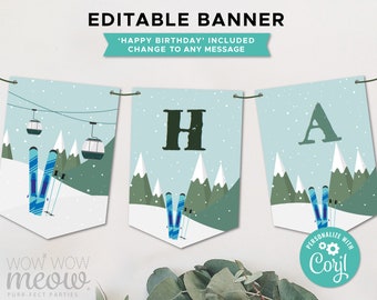 Ski Party Birthday Banner Skiing Snow Apres Winter Editable Download Boys Girls Bunting Flags Birthday Decoration Printable WCBK100
