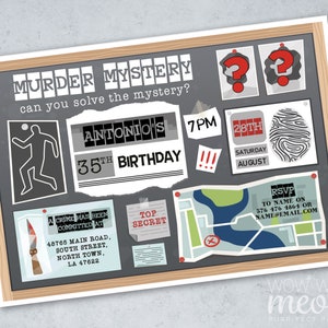 Murder Mystery Invitations Birthday Detective Board Solve The Crime Secret Agent Invite Police Editable Party Top Secret WCBA294