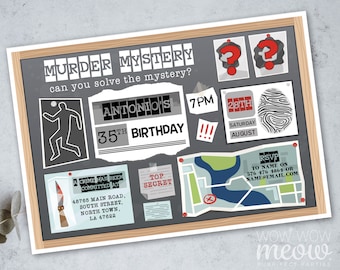 May include: A gray chalkboard with a murder mystery party invitation for Antonio's 35th birthday. The invitation includes a crime scene, a map, a fingerprint, and a note that says "Top Secret".