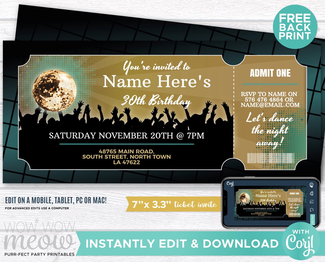 Disco Ticket Invites Admit One Party Invite Birthday INSTANT - Etsy
