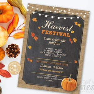 Fall Harvest Festival Invitations Party Event Rustic Invite Printable INSTANT DOWNLOAD Church Chalk Autumn Personalize Editable WCHF002