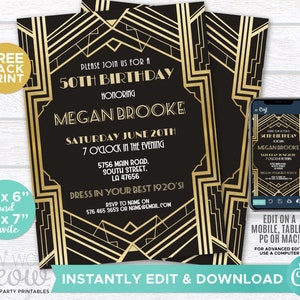 Art Deco Birthday Roaring 20s Invitation Invite 1920 Party INSTANT DOWNLOAD Gatsby Gold Black Elegant Personalize Editable Printable WCBA091