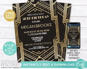 Art Deco Birthday Roaring 20s Invitation Invite 1920 Party INSTANT DOWNLOAD Gatsby Gold Black Elegant Personalize Editable Printable WCBA091