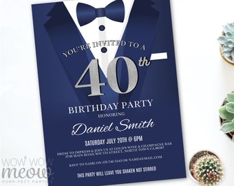 40th Birthday Invite Invitation FOURTY Navy Silver Black Tie Secret Agent Party INSTANT Editable Bond Tuxedo Personalize Printable WCBA033