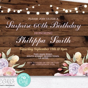 Birthday Invitations Wood Women's Any Age 40th 50th 60th 70th Invite INSTANT DOWNLOAD Floral Flowers Editable Invitation Personalize WCBA237