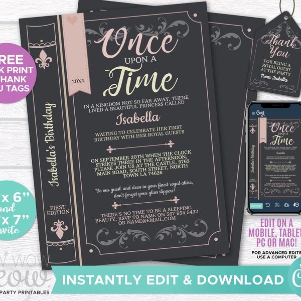 Story Book Fairytale Princess Birthday Invite DOWNLOAD Cover First Once Upon a Time Digital Invitation Printable One Pink Editable - WCBK006