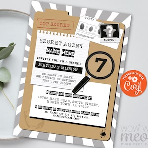 Spy Invitations Birthday Secret Agent Invite Spy INSTANT DOWNLOAD Editable Children's Kid's Detective Party Top Secret WCBK095