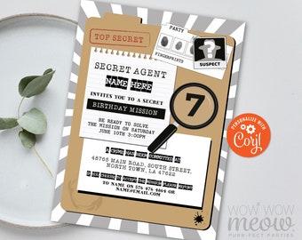 Spy Invitations Birthday Secret Agent Invite Spy INSTANT DOWNLOAD Editable Children&#39;s Kid&#39;s Detective Party Top Secret WCBK095