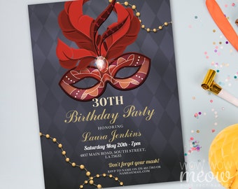 Editable MASQUERADE Birthday Party Mask Masked Ball Invitation Any Age Invite White Gold Instant DOWNLOAD Black Tie Event Printable WCBA322