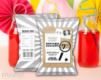 Secret Agent Chip Bags Birthday Editable Crisp Wrapper Download Children's Kid's Decor Favours Detective Party Top Secret WCBK095
