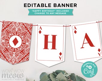 Dimonds Playing Cards Banner Birthday Party Bunting Flags Casino Theme Wonderland Editable Download Birthday Decoration Printable WCBA002