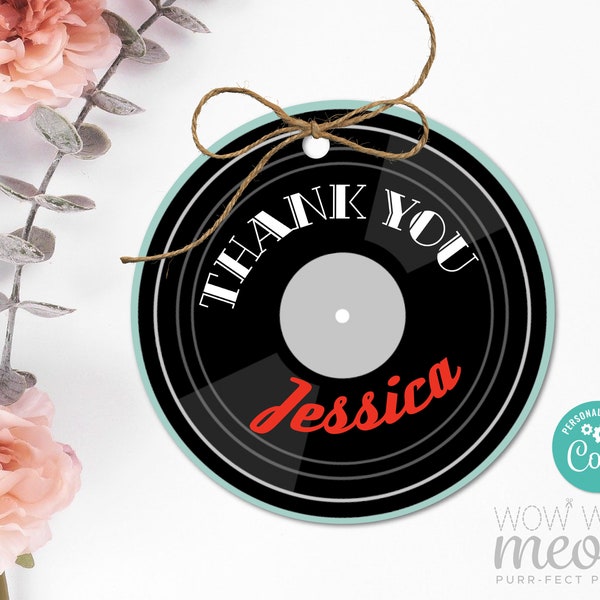 Vinyl Record Tags Fifties Rock N Roll Thank You Tags Birthday Party Party 1950’s Music Tags Edit Label Download Editable Printable WCBA023