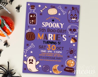 May include: A purple Halloween party invitation with the text "Spooky 5th Boo-Day! Marie's Turning 5!" and various Halloween-themed illustrations, including pumpkins, ghosts, and a skull. The invitation includes the date, time, and location.