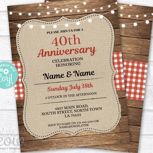 Wedding Anniversary Invitations Rustic Red Check Dinner Elegant Invite Couple Invites Party DOWNLOAD Wood Lights Editable Printable WCAN004