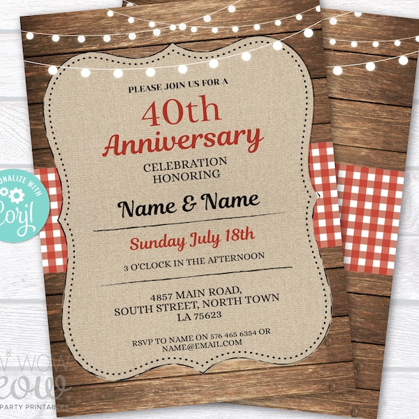 Wedding Anniversary Invitations Rustic Red Check Dinner Elegant Invite Couple Invites Party DOWNLOAD Wood Lights Editable Printable WCAN004