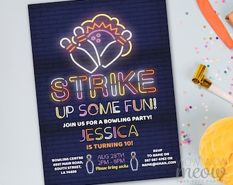 Bowling Invitation Neon Party Birthday INSTANT DOWNLOAD Digital Tenpin Invite Bowls Pink Girls Personalize Editable Printable WCBK585