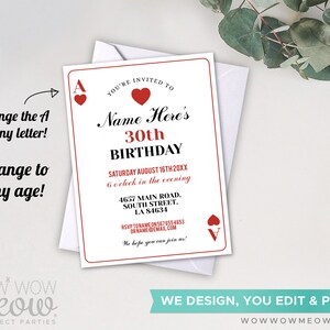 Playing Cards Birthday Invitation Any Age INSTANT DOWNLOAD Casino Heart Vegas Party Personalize Valentines Edit Printable Digital WCBA002 image 3