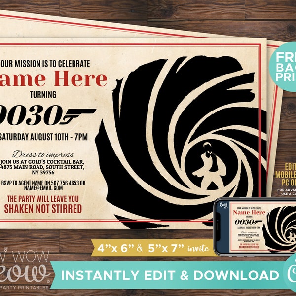 Secret Agent Spy Party Invite INSTANT DOWNLOAD Detective Bond Invitation Birthday Mens Womens Gun Personalize Printable Editable WCBA145