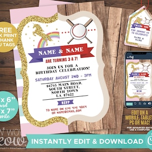 Unicorn & Baseball Birthday Invitations Girl Boy Joint Shared Invite INSTANT DOWNLOAD Sport Glitter Printable Party Personalize WCBK200