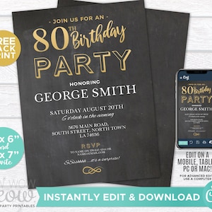 80th Birthday Invitations Elegant Gold Party Invite 80 Chalk Eighty Mens Womens INSTANT DOWNLOAD Edit Digital Printable Personalize WCBA037