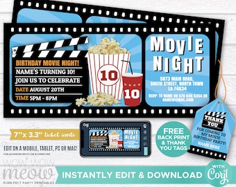 Movie Night Ticket Invitations Blue Popcorn Film Birthday Party Invites INSTANT DOWNLOAD Film Boys Any Age Fun Personalize Editable WCBK021