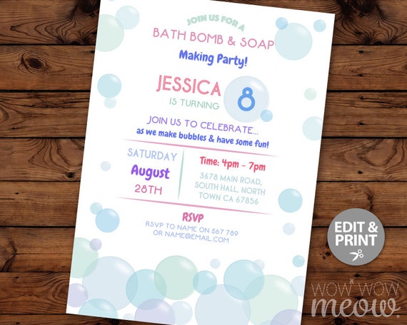 bath bomb party invitations soap making girls blue etsy make a party invitation