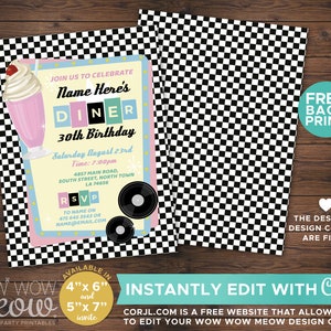 May include: A printable invitation for a 30th birthday party with a 1950s diner theme. The invitation features a pink milkshake, a record player, and the text "Join us to celebrate Name Here's Diner 30th Birthday".