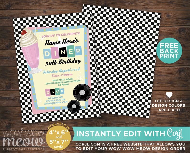 May include: A printable invitation for a 30th birthday party with a 1950s diner theme. The invitation features a pink milkshake, a record player, and the text "Join us to celebrate Name Here's Diner 30th Birthday".