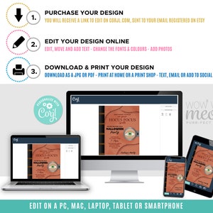 May include: A digital invitation design for a Halloween party, displayed on various devices including a laptop, desktop, tablet, and smartphone. The design features the text "Hocus Pocus Halloween Party" with an eye graphic. Instructions for purchase, editing, and printing are also shown.