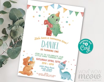 May include: A colorful dinosaur birthday party invitation with a green dinosaur holding a red number one and a brown dinosaur holding a blue number one. The invitation says "Let's have a roarsome time! Daniel is turning one. Join us to celebrate our little dino turning one! Saturday April 12th 2PM-6PM 4763 Main Road, South Street, FL 58763 RSVP to name on 567 645 3552 or name email com. Personalize with Coryl. WOW WOW meow PURR-FECT PARTIES"